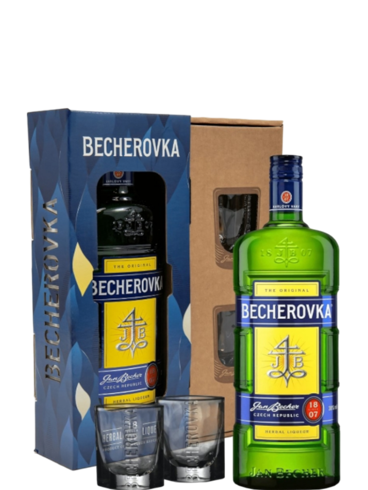 Becherovka 0,7l 38% se skleničkami + Dárkové Balení